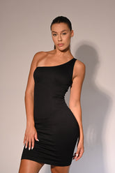 Geripptes Mini-One-Shoulder-Kleid - Schwarz